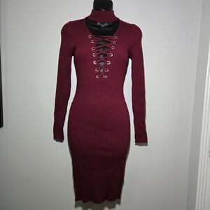 Windsor Bodycon Dress Womens S Burgandy Stretch Deep V Collar Sexy Date Night